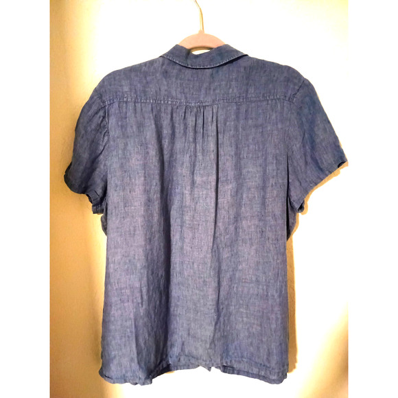 Lands End 100% Linen Blue Button-Front Pintuck Short Sleeve Blouse Top Sz 1X - Picture 3 of 3
